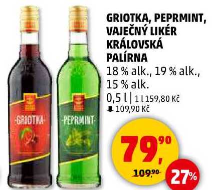 GRIOTKA, PEPRMINT, VAJEČNÝ LIKÉR KRÁLOVSKÁ PALÍRNA 18 % alk., 19 % alk., 15% alk., 0,5 l
