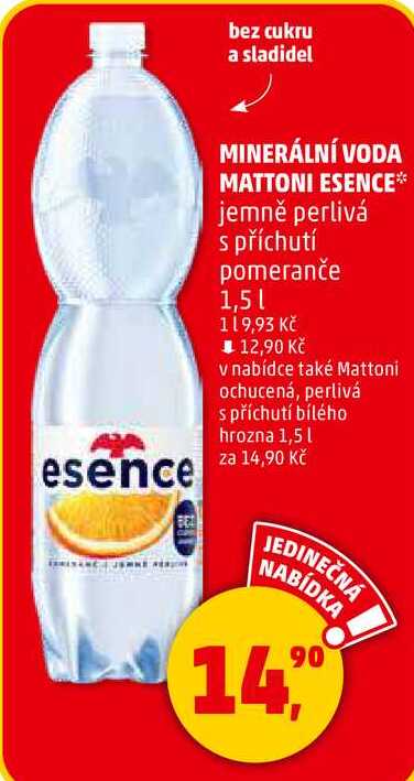 MINERÁLNÍ VODA MATTONI ESENCE jemně perlivá s příchutí pomeranče, 1,5 l