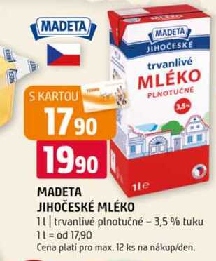 Madeta Jihočeské mléko trvanlivé 1l
