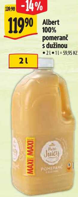 Albert 100% pomeranč s dužinou, 2 l