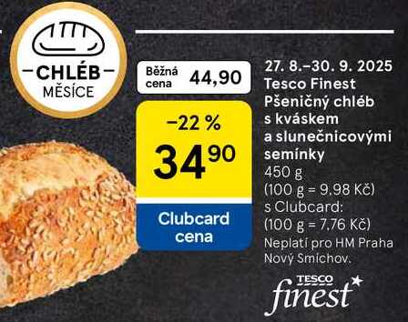 Tesco Finest Pšeničný chléb s kváskem a slunečnicovými semínky, 450 g  
