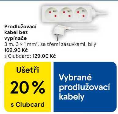 Prodlužovací kabel bez vypínače, 3 m. 3 × 1 mm², se třemi zásuvkami, bílý  