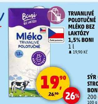 TRVANLIVÉ POLOTUČNÉ MLÉKO BEZ LAKTÓZY 1,5% BONI, 1 l 