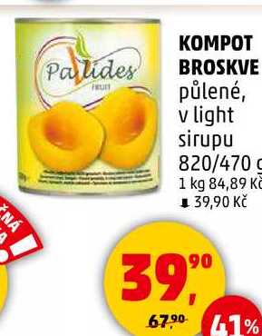 KOMPOT BROSKVE půlené, v light sirupu, 820/470 g