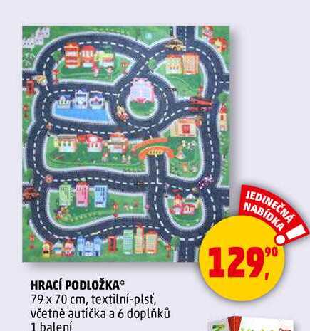 HRACÍ PODLOŽKA, 79 x 70 cm, textilní-plsť, včetně autíčka a 6 doplňků, 1 balení