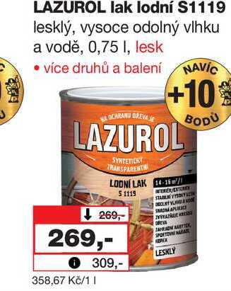 LAZUROL lak lodní S1119 lesklý, vysoce odolný vlhku a vodě, 0,75 I, lesk