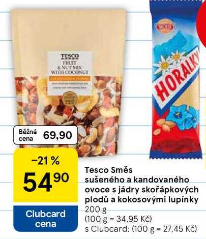 Tesco Směs sušeného a kandovaného ovoce s jádry skořápkových plodů a kokosovými lupínky, 200 g 