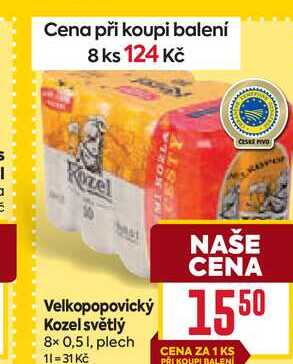 Velkopopovický Kozel světlý 8x 0,51, plech 