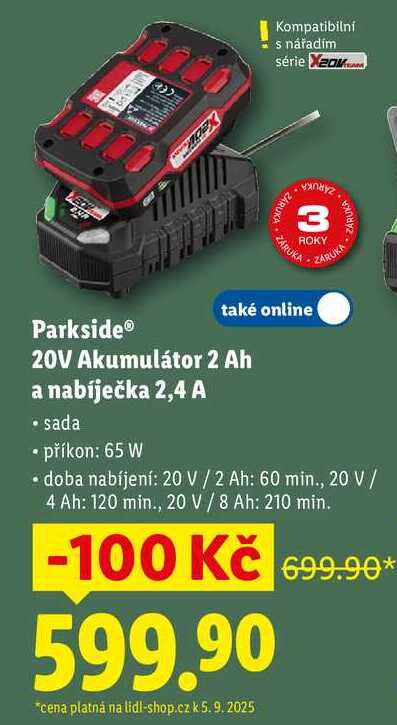 Parkside 20V Akumulátor 2 Ah a nabíječka 2,4 A 