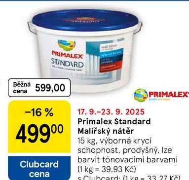 Primalex Standard Malířský nátěr, 15 kg. výborná krycí schopnost, prodyšný. Ize barvit tónovacími barvami 