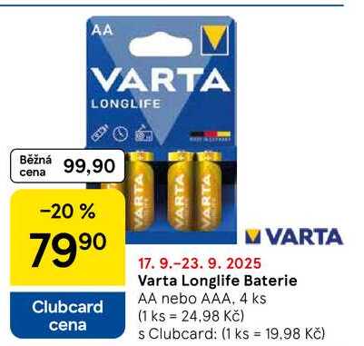 Varta Longlife Baterie AA nebo AAA, 4 ks