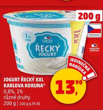 JOGURT ŘECKÝ XXL KARLOVA KORUNA 0,8%, 1% různé druhy, 200 g 