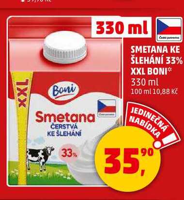 SMETANA KE ŠLEHÁNÍ 33% XXL BONI, 330 ml 
