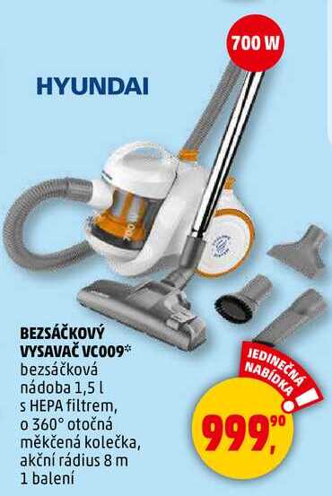 BEZSÁČKOVÝ VYSAVAČ VC009 bezsáčková nádoba 1,5 l S HEPA filtrem, o 360° otočná měkčená kolečka, akční rádius 8 m, 1 balení 