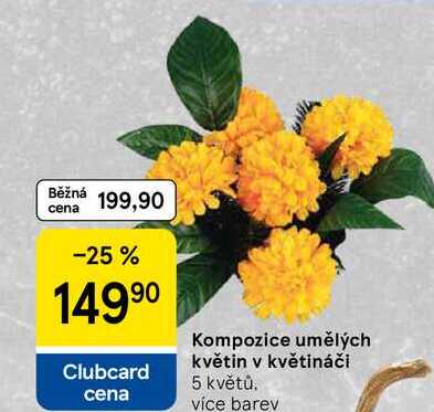 Kompozice umělých květin v květináči, 5 květů. více barev 