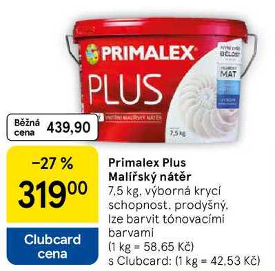 Primalex Plus Malířský nátěr, 7.5 kg. výborná krycí schopnost, prodyšný, Ize barvit tónovacími barvami