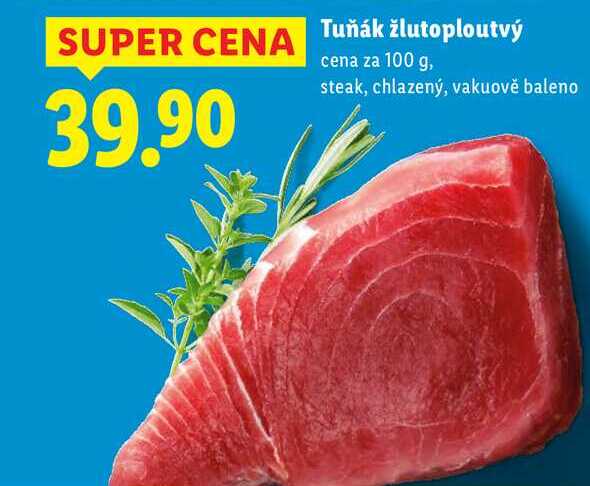 Tuňák žlutoploutvý, cena za 100 g