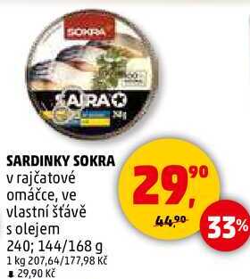 SARDINKY SOKRA v rajčatové omáčce, ve vlastní šťávě s olejem, 240; 144/168 g