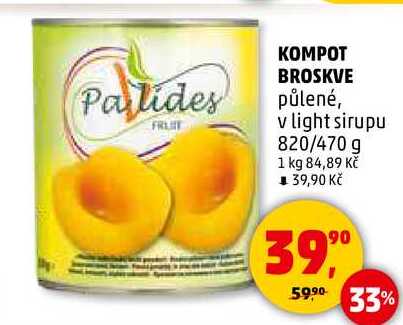 KOMPOT BROSKVE půlené, v light sirupu, 820/470 g 