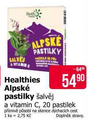 Healthies Alpské pastilky šalvěj a vitamin C, 20 pastilek