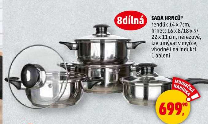 SADA HRNCŮ, rendlík 14 x 7cm, hrnec: 16 x 8/18 x 9/ 22 x 11 cm, nerezové, Ize umývat v myčce, vhodné i na indukci, 1 balení  