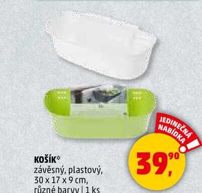 KOŠÍK závěsný, plastový, 30 x 17 x 9 cm, různé barvy, 1 ks