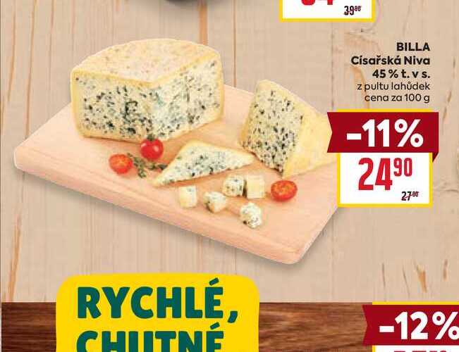BILLA Císařská Niva 45% t. vs. z pultu lahůdek cena za 100 g