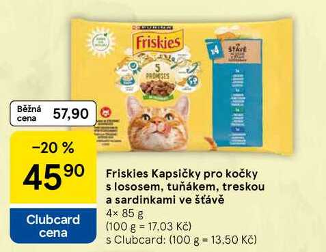 Friskies Kapsičky pro kočky s lososem, tuňákem, treskou a sardinkami ve šťávě, 4× 85 g