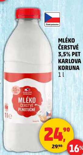 MLÉKO ČERSTVÉ 3,5% PET KARLOVA KORUNA, 1 l