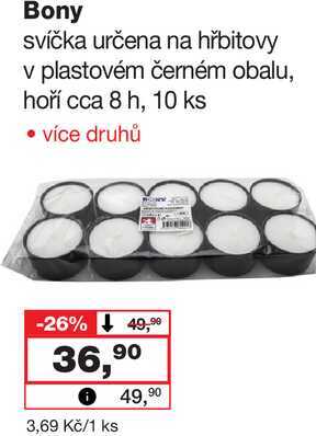 Bony svíčka určena na hřbitovy v plastovém černém obalu, hoří cca 8 h, 10 ks