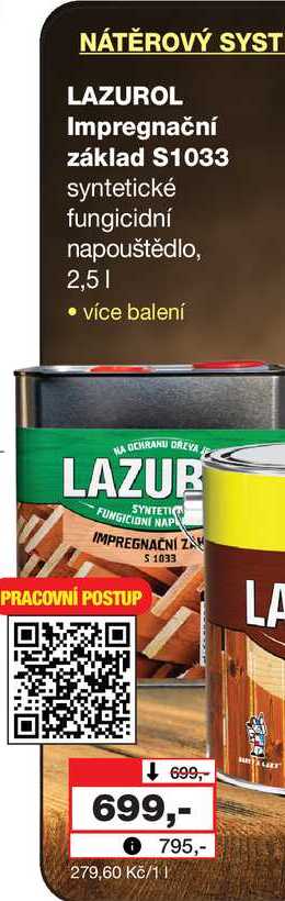 LAZUROL Impregnační základ S1033 syntetické fungicidní napouštědlo, 2,5l