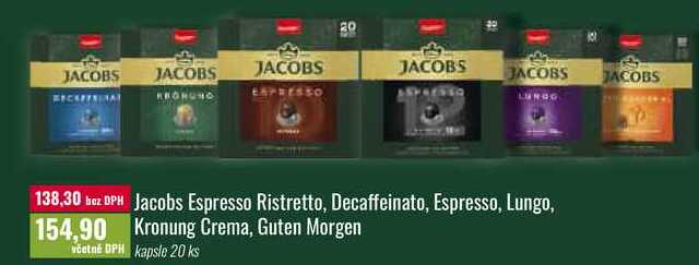 Jacobs Espresso Ristretto, Decaffeinato, Espresso, Lungo, Kronung Crema, Guten Morgen 20 ks 