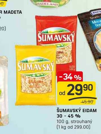 ŠUMAVSKÝ EIDAM 30 - 45% 100 g, strouhaný