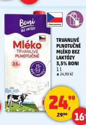 TRVANLIVÉ PLNOTUČNÉ MLÉKO BEZ LAKTÓZY 3,5% BONI, 1 l