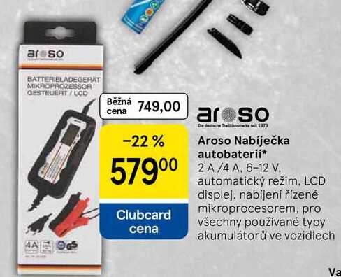 Aroso Nabíječka autobaterií, 2 A/4 A, 6-12 V. automatický režim, LCD displej, nabíjení řízené mikroprocesorem, pro všechny používané typy akumulátorů ve vozidlech  