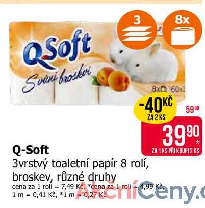 Q-Soft 3vrstvý toaletní papír 8 rolí, broskev, různé druhy 