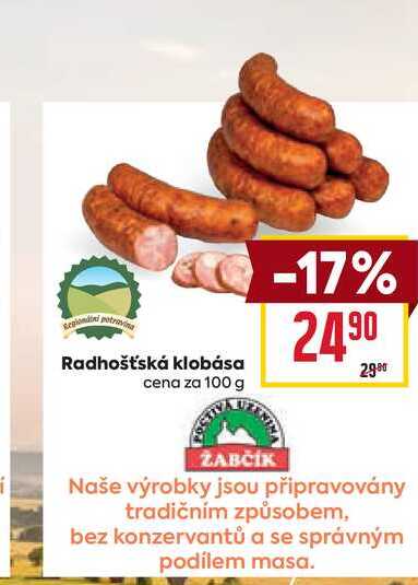 Radhošťská klobása cena za 100 g