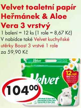 Velvet toaletní papír Heřmánek & Aloe Vera 3 vrstvý, 12 ks   