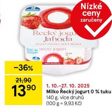 Milko Řecký jogurt 0 % tuku, 140 g, více druhů 