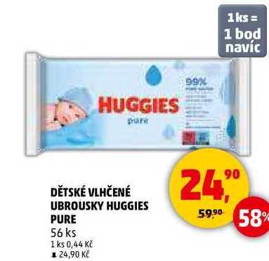 DĚTSKÉ VLHČENÉ UBROUSKY HUGGIES PURE, 56 ks 
