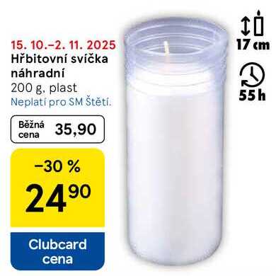 Hřbitovní svíčka náhradní, 200 g. plast  