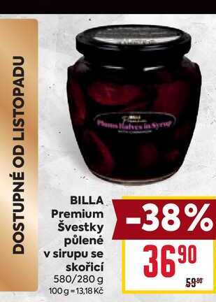 BILLA Premium Švestky půlené v sirupu se skořicí 580/280 g 