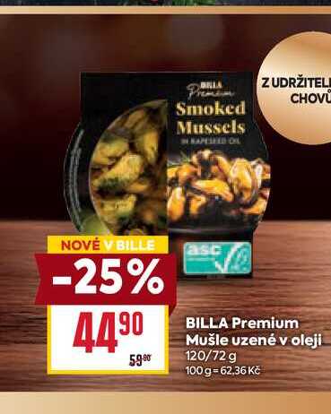 BILLA Premium Mušle uzené v oleji 120/72 g