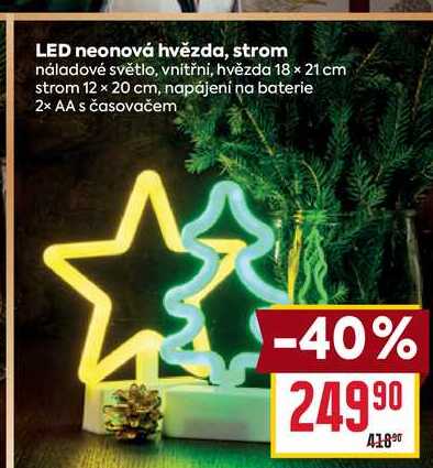LED neonová hvězda, strom náladové světlo, vnitřní, hvězda 18 x 21 cm strom 12 × 20 cm, napájení na baterie 2x AA s časovačem