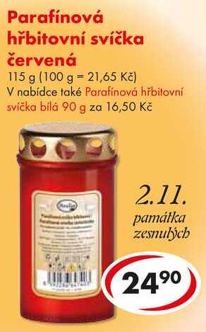 Parafínová hřbitovní svíčka červená, 115 g