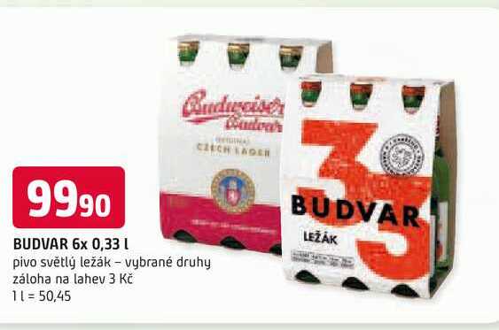 BUDVAR 6x 0,33 l pivo světlý ležák