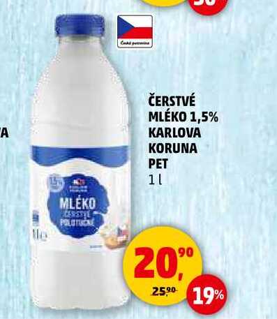 ČERSTVÉ MLÉKO 1,5% KARLOVA KORUNA PET, 1 l
