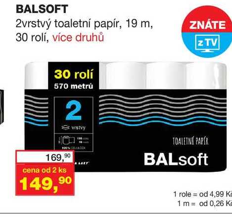 BALSOFT 2vrstvý toaletní papír, 19 m, 30 rolí, více druhů