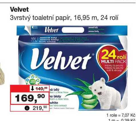Velvet 3vrstvý toaletní papír, 16,95 m, 24 rolí