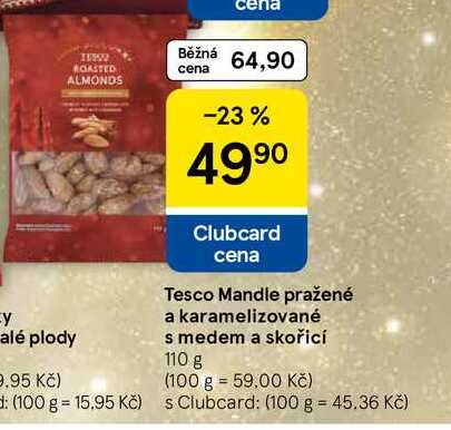 Tesco Mandle pražené a karamelizované s medem a skořicí, 110 g